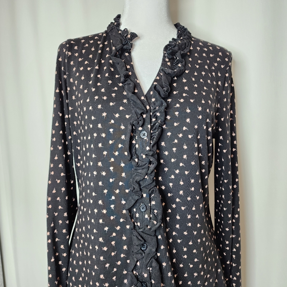 Boden Women's Size 8R Modal Cotton Blend Black Pink Flower Ruffled Button Down